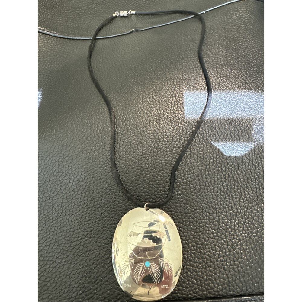 Vintage Large Ortiz 98' Native American Pendant Engraved Basket & Turquoise
